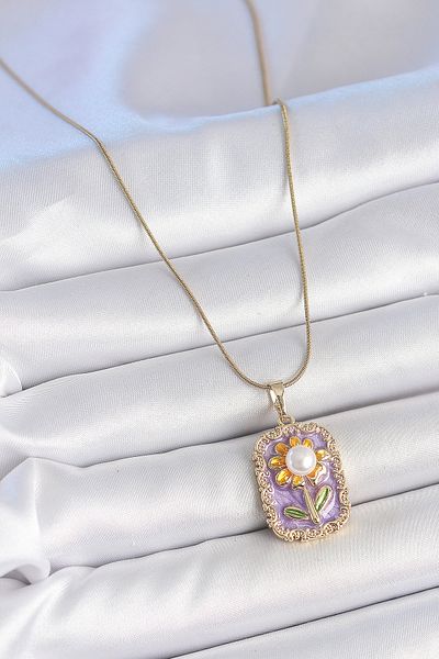 BESKAR 316L Steel Gold Color Chain Purple Enamel Pearl Daisy Embroidered Portrait Model Women's Necklace