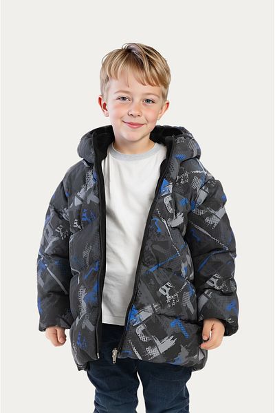 Montstop Boys' Winter Jacket - Saxe Anthracite, Digital Pattern, Fleece Water and Windproof, Hooded Inflatable
