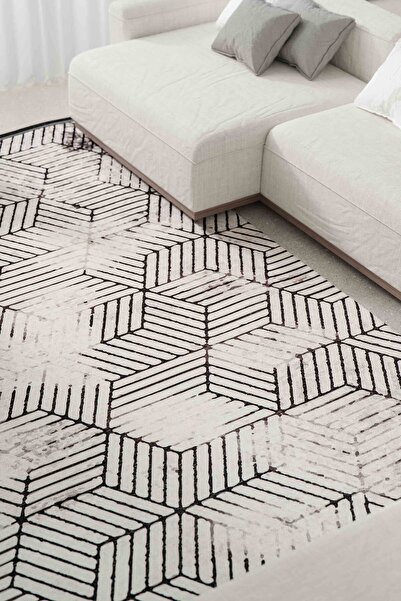 Oriente Home Geometric Patterned Washable Non-Slip Base Chenille Carpet Gray Black Runner 7811