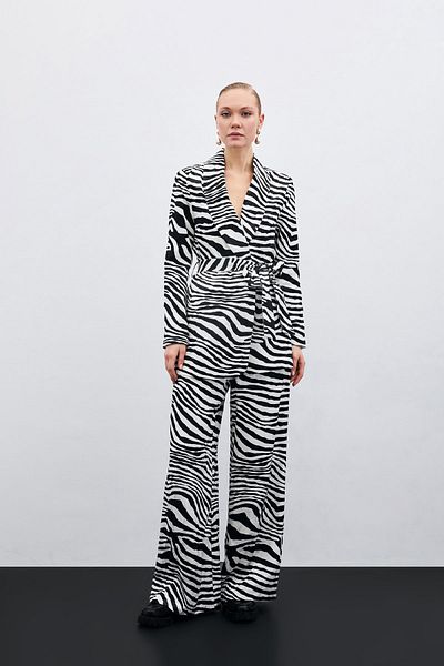 Sateen Loose Zebra Pattern Trousers - Black