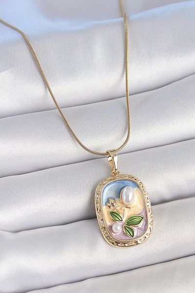 BESKAR 316L Steel Gold Color Chain Mix Color Enamel Pearl Flower Embroidered Portrait Model Women's Necklace