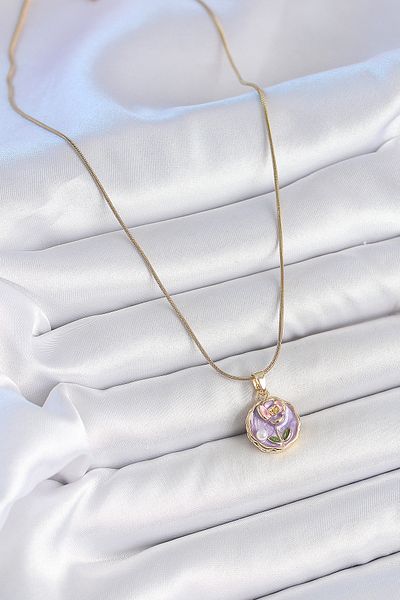 BESKAR 316L Steel Gold Color Chain Purple Minimal Flower Embroidered Pearl Detail Portrait Model Women's Necklace