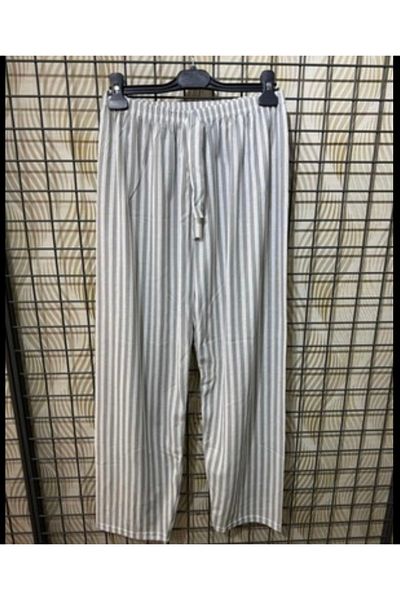 pijama dünyası Cotton Thin Breathable Fabric Gray White Striped Retro Women's Pajama Bottoms
