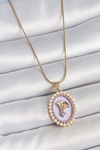 BESKAR 316L Steel Gold Color Chain Purple Enameled Pearl Zircon Stone Flower Embroidered Portrait Model Women's Ko