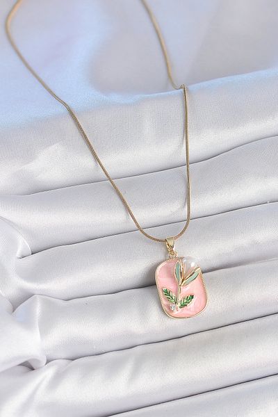 BESKAR 316L Steel Gold Color Chain Pink Enamel Pearl Flower Embroidered Portrait Model Women's Necklace