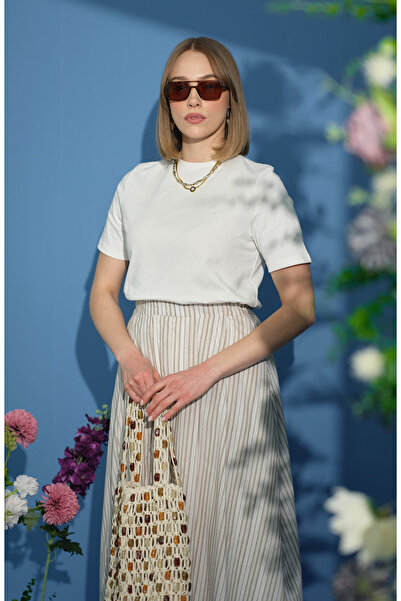 Fatma Atasoy Çizgili Pileli Kahverengi Etek