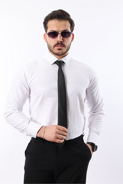 WOWA COMPANY Ανδρικό Classic Slim Basic μακρυμάνικο λεπτό λευκό πουκάμισο