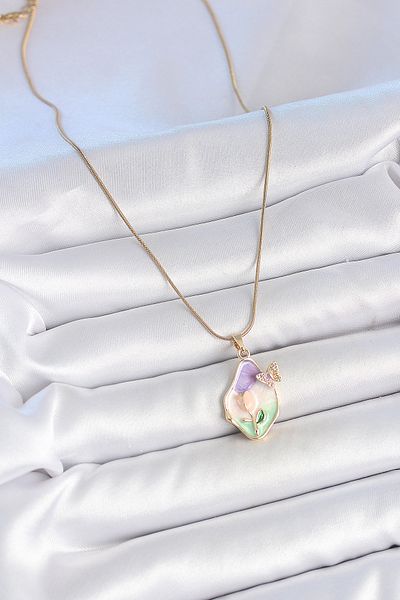 BESKAR 316L Steel Gold Color Chain Drop Mix Color Enamel Flower Embroidered Butterfly Detail Portrait Model Kad