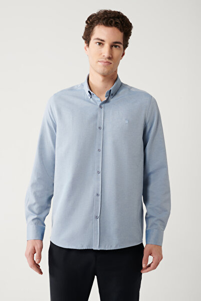Avva Erkek Koyu Mavi Düğmeli Yaka Kolay Ütülenebilir Pamuklu Oxford Gömlek E002000