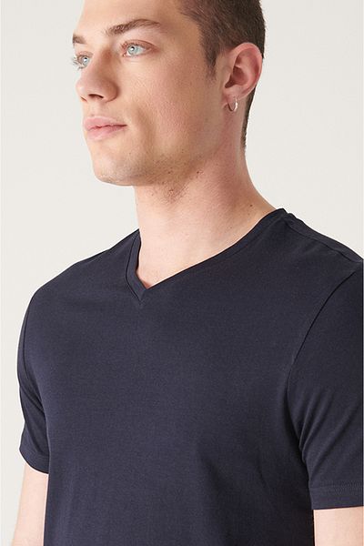 Avva Marineblaues Herren-T-Shirt mit V-Ausschnitt aus 100 % Baumwolle 001001