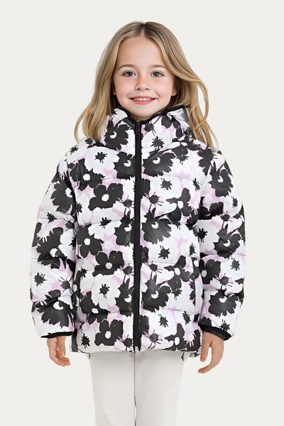 Montstop Girls' Purple Flower Pattern Fleece Waterproof and Windproof Hooded Pocket Inflatable Winter Coat