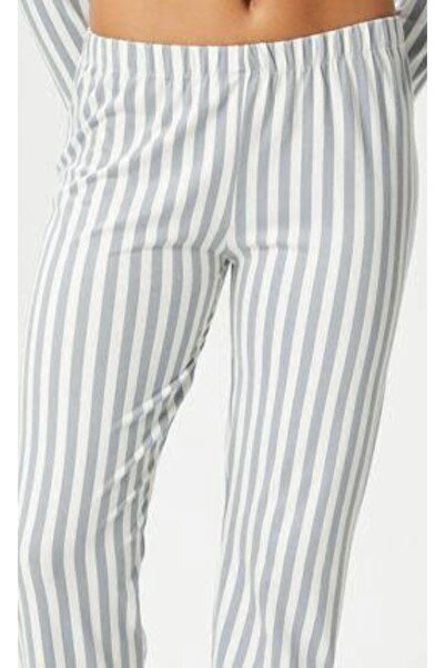 pijama dünyası Cotton Thin Breathable Fabric Gray White Striped Retro Women's Pajama Bottoms