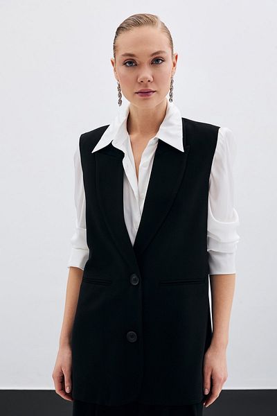 Sateen Vestă detaliată cu nasturi - neagră