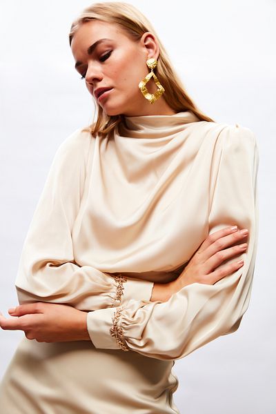 Sateen Blouse with Sleeve Accessory Detail - BEIGE