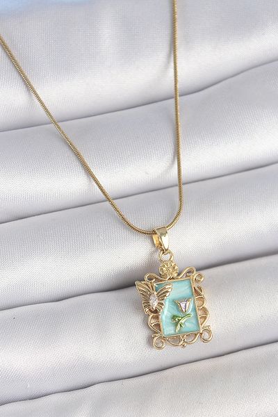 BESKAR 316L Steel Gold Color Chain Blue Enamel Flower Embroidered Zircon Stone Butterfly Detail Portrait Model