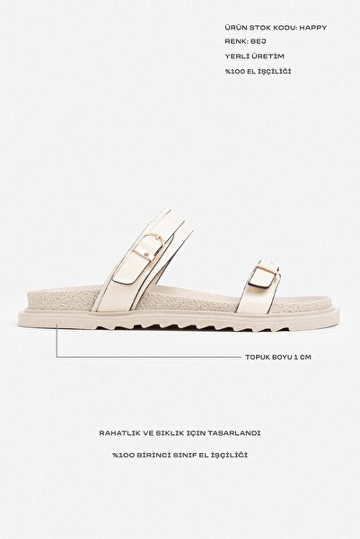NİŞANTAŞI SHOES Happy Beige Wrinkled Matte Two Buckle Flat Sole Women's Slippers