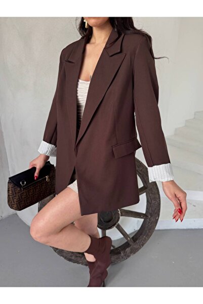 BARG FASHION Düğmesiz Kahverengi, Çizgili Astar Detaylı Blazer Ceket