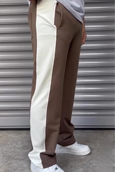 NO 601 Ανδρική φόρμα πανταλόν σε καφέ πλαϊνό λευκό κομμάτι με φαρδύ πόδι