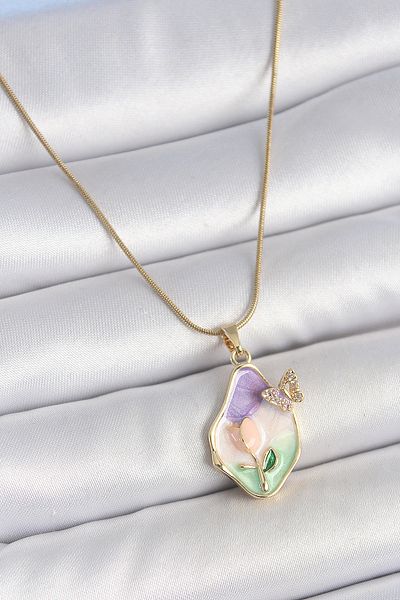 BESKAR 316L Steel Gold Color Chain Drop Mix Color Enamel Flower Embroidered Butterfly Detail Portrait Model Kad