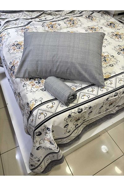 ŞENER HOME Bouquet Patterned Bed Sheet with Elastic Double Pique Set - Gray