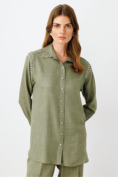 Moda İlgi Modailgi Omuzları İşlemeli Rahat Kesim Gömlek Haki