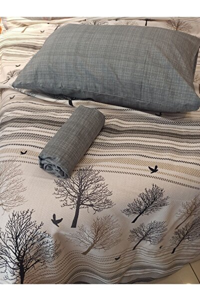 ŞENER HOME New Tree of Life Patterned Bed Sheet with Elastic Double Pique Set - Gray