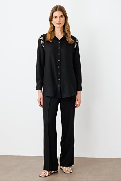 Moda İlgi Modailgi Omuzları İşlemeli Rahat Kesim Gömlek Siyah