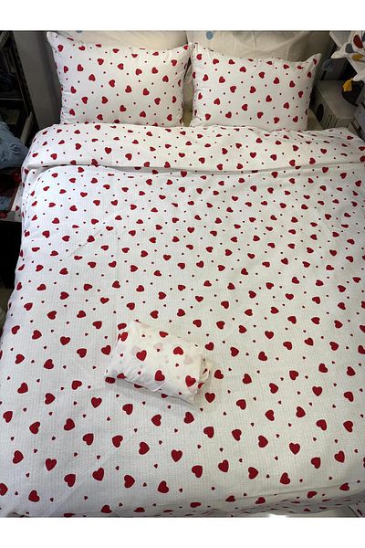 ŞENER HOME Heart Patterned Bed Sheet Elastic Double Pique Set