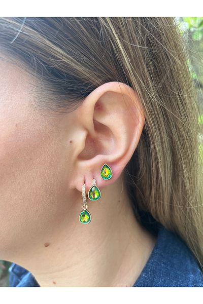 MODA Set of 3 Green Drop Stone Steel Earrings – Stylish and Elegant with White Stone Detail