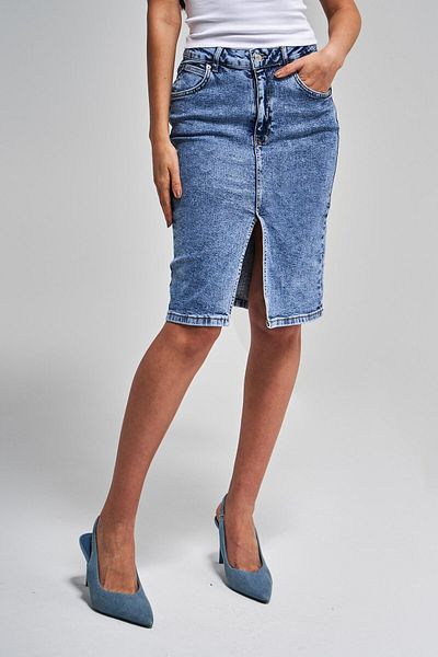 its basic Fusta de damă din denim de culoare midi, cu talie înaltă, cu fantă