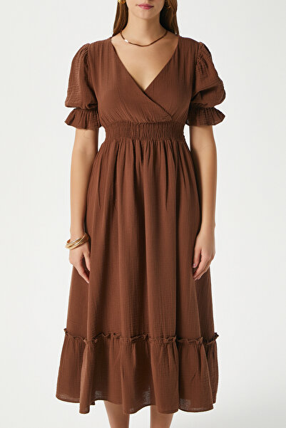 Ritnice Women's Hailey Cotton Muslin Brown Waist Elastic Dress