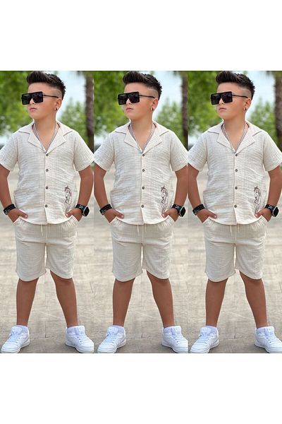 yns coolstar Muslin Fabric 100% Cotton Embroidered Shirt and Shorts Unisex 2-Piece Set