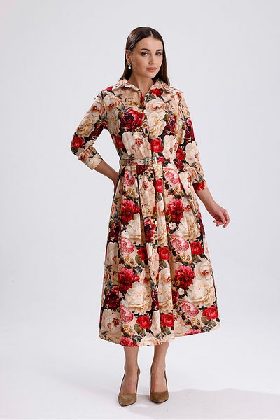 Sense Buttoned Front Long Dress with Big Roses |   Elb36267 Big Rose