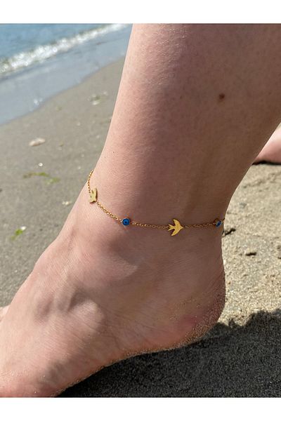 kurukafagift Steel Anklet Evil Eye Beaded Seagull Figured Adjustable Model