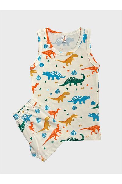elmas kids Boy's Cotton Ecru Color Dinosaur Patterned Athlete Boxer Set