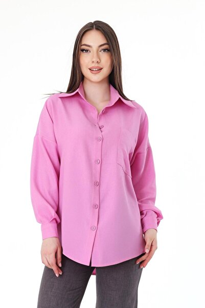 Hazel Tek Cepli Oversize Keten Gömlek- Pembe