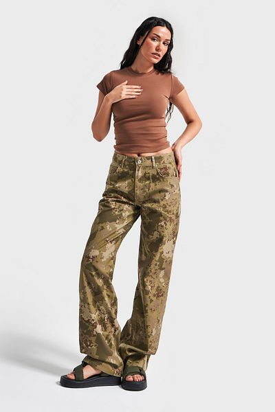 its basic Mid Waist Camouflage Color Cotton Denim Γυναικείο Παντελόνι - Loose Fit