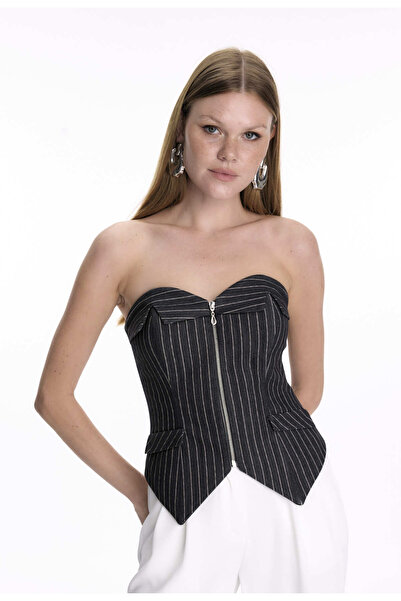 Elluso Avira Çizgili Fermuarlı Şık Büstiyer