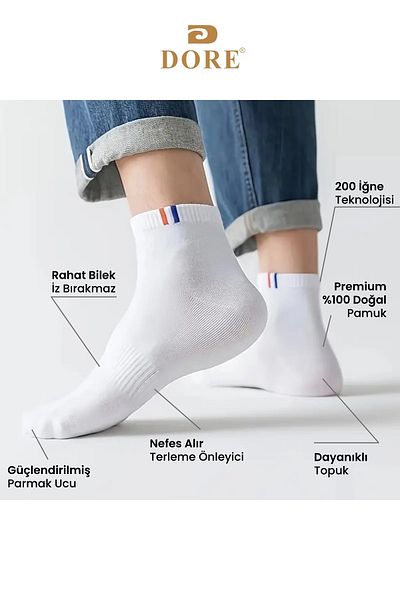 Dore Γνήσια Unisex 3 Pairs Premium Sport Sweat Absorbing Breathable Cotton Short Booties Αθλητικές κάλτσες - Λευκές