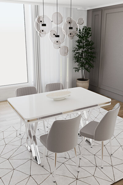 DEREN HOME Val Gümüş Serisi 80x130 MDF Masa 4 Adet Metal Ayaklı Silinebilir K...