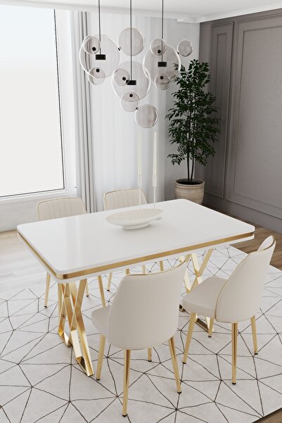 DEREN HOME Val Serisi 80x130 MDF Masa 4 Adet Metal Ayaklı Silinebilir Kumaş Masa Takımı Krem Sandalye