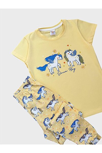 Genel Markalar Kız Çocuk %100 Pamuklu Sarı Unıcorn Desenli Kısa Kollu Altı Uzun Pijama Takımı