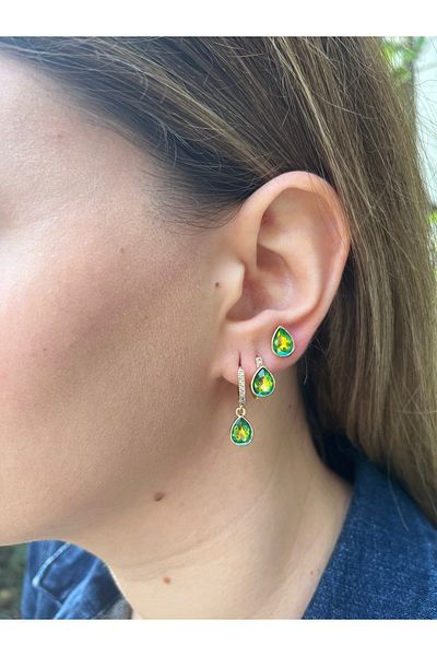 MODA Set of 3 Green Drop Stone Steel Earrings – Stylish and Elegant with White Stone Detail