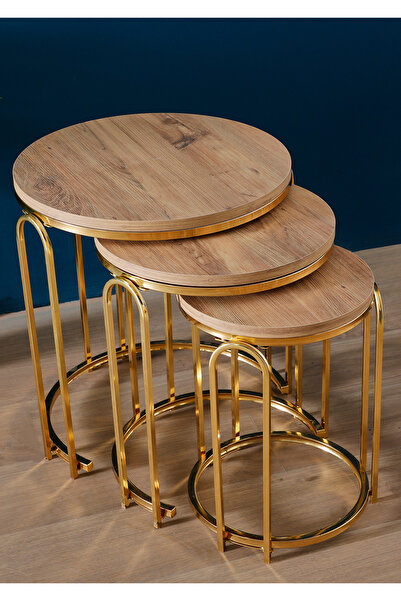 SEDAŞ LIVING UNITS Lenka Zigon Sehpa Takımı Yuvarlak 3'lü Gold Metal - Açık Ceviz sedaş-lenka-zigon-gold