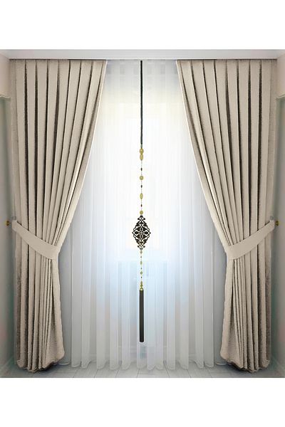 İ.D İpek Dokuma Beige Pleated Velvety Background Curtain High Quality Single Wing