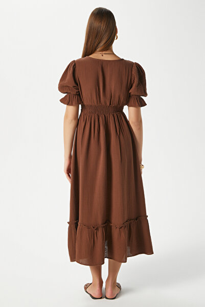 Ritnice Women's Hailey Cotton Muslin Brown Waist Elastic Dress