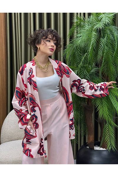 Marjita Women's Floral Comfortable Fit Summer Kimono Loose Wide Leg Pants Suit - Pink