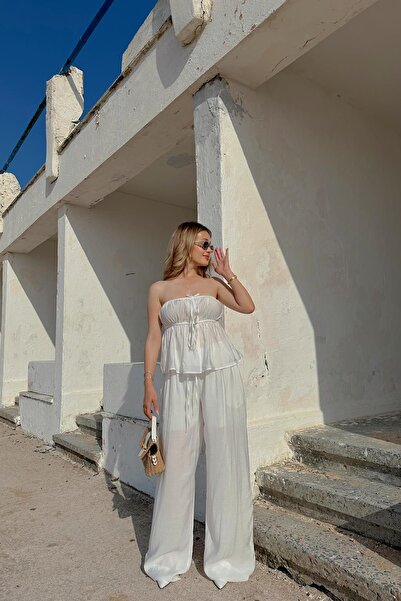 mylove بدلة بنطلون بلوزة بدون حمالات باللون الأبيض