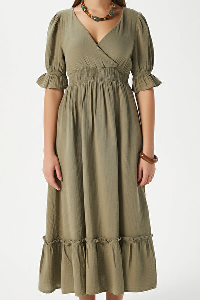 Ritnice Women's Hailey Cotton Muslin Khaki Waist Elastic Dress