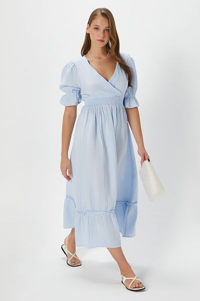 Ritnice Rochie de damă Hailey din muselină de bumbac albastră cu talie elastică